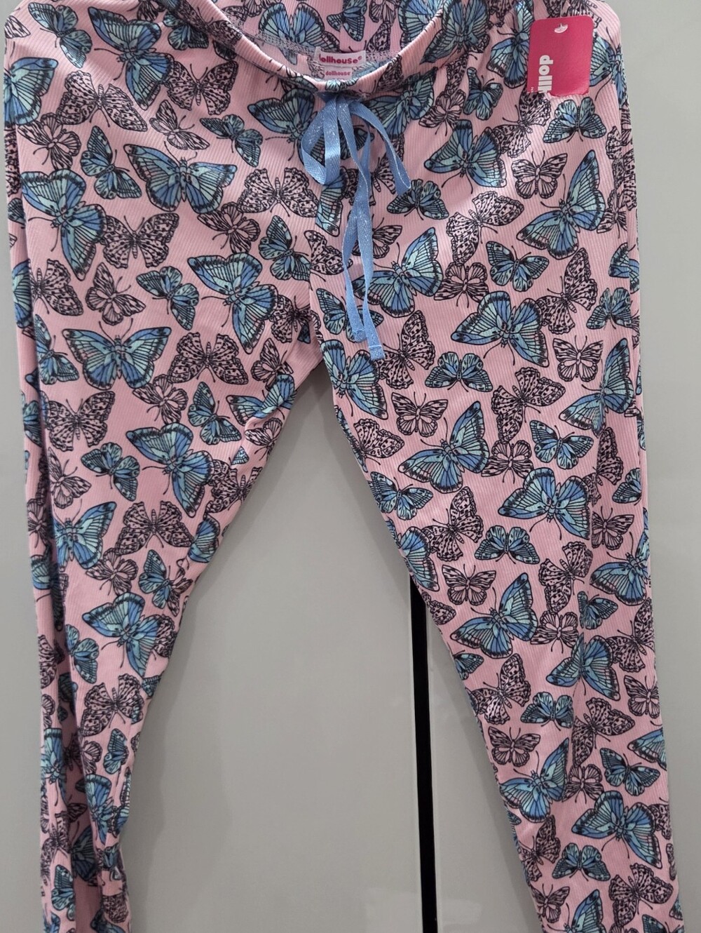 Girls' Pink Butterfly Print Pajama Pants - Light Blue Trim